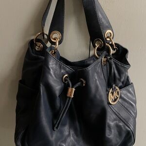 Michael Kors Navy Leather Shoulder Bag with Gold Accents